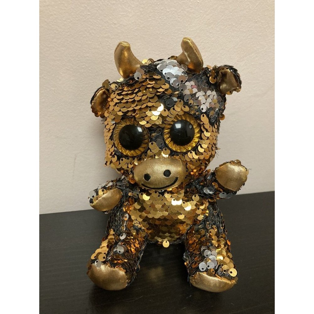 Bling! 6” Plush Gold/Silver Sequin Cow Stuffed Animal Toy Reversible Sequins